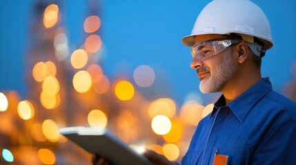 An engineer inspects an industrial facility at night, utilizing a tablet to evaluate operations amid glowing lights