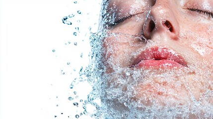 Fototapeta premium Water cascades over a womanвЂ™s face, highlighting her serene expression in a refreshing and joyful moment