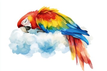 Obraz premium A charming watercolor illustration of a colorful parrot, seemingly sleeping peacefully on a fluffy cloud. The vibrant colors and soft details create a tranquil and whimsical atmosphere. This artwork c