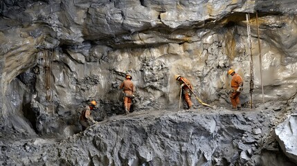 107. Close-up view of workers using both manual and automated tools to dig and extract valuable resources from the rocky underground