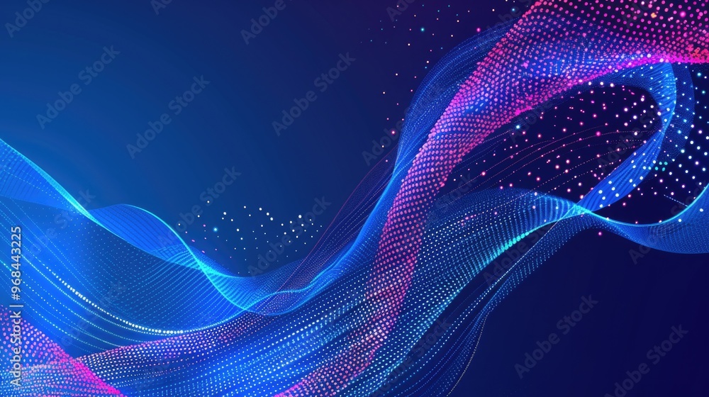 Poster abstract blue background with interweaving colored dots and lines.