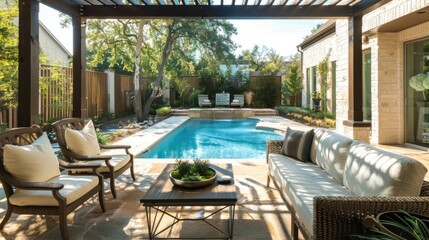 Fototapeta premium Backyard living space with outdoor furniture next to a pool under a pergola, for real estate branding.
