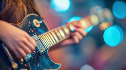 Fototapeta premium A talented female guitarist plays passionately during a band rehearsal, illuminated by vibrant stage lights