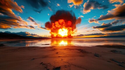 A stunning explosion erupts over water at sunset, casting vibrant colors across the sky and reflecting on the tranquil surface below