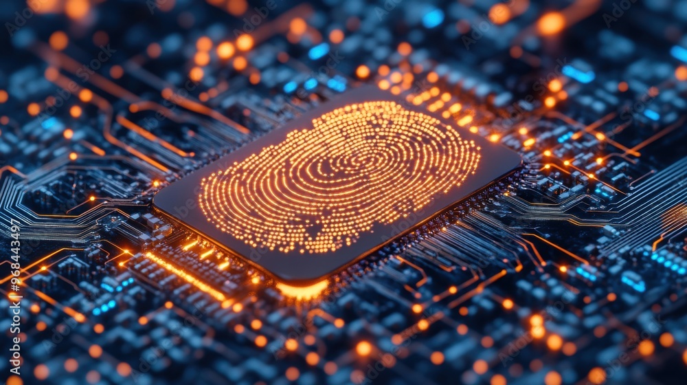 Poster a fingerprint scanner illuminates on a computer chip, highlighting modern security technology in act
