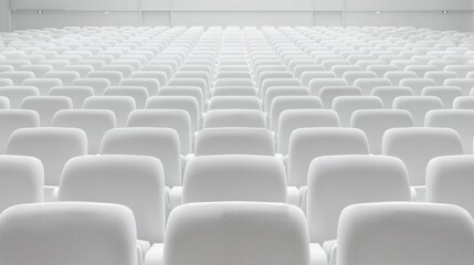Naklejka premium Empty white theater seats in an auditorium, emphasizing minimalism and the concept of performance spaces.