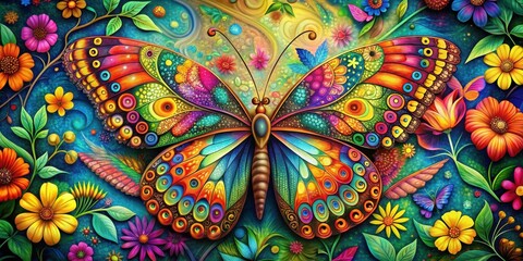 Vibrant multicolor butterfly with matching flowers and intricate patterns for nature-inspired designs, butterfly, multicolor