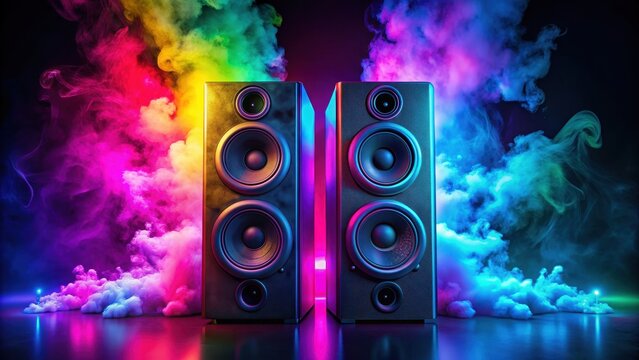 Dynamic neon colored DJ speakers emitting colorful smoke in a glowing abstract setup, neon, vibrant, audio, speakers, DJ, smoke