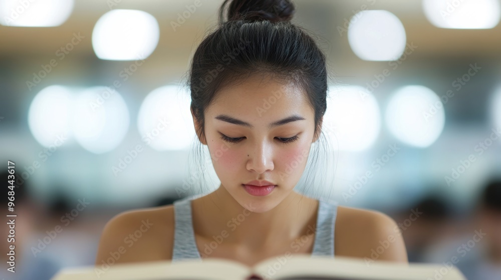Poster a student is deeply engaged in studying while surrounded by fellow learners in a vibrant university 
