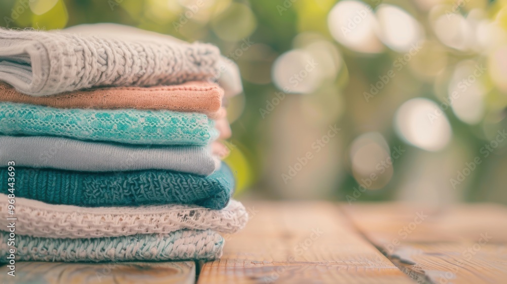 Poster a stack of neatly folded clothes sits on a wooden table illuminated by soft natural light, creating 