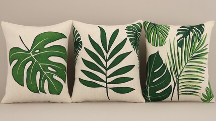 Tropical Leaf Pattern Pillows on Beige Background