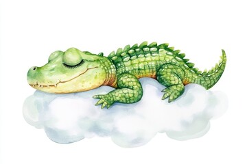 Fototapeta premium A charming watercolor illustration of a cute, green crocodile sleeping peacefully on a fluffy white cloud. This image symbolizes peace, tranquility, and the innocence of childhood dreams.