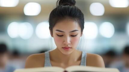 A student is deeply engaged in studying while surrounded by fellow learners in a vibrant university library