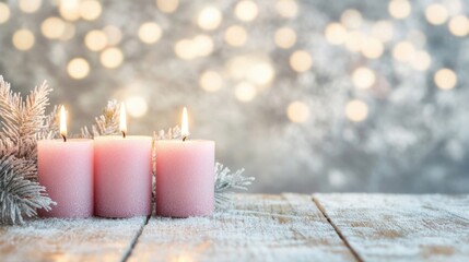 Four pink advent candles are burning brightly on a rustic desk, creating a warm and festive ambiance for the Christmas celebration