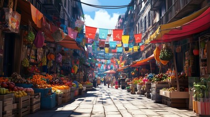 Obraz premium Vibrant market street bustling with activity under colorful banners on a sunny day