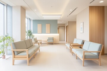 Modern and minimalist hospital waiting room with comfortable seating, bathed in natural light