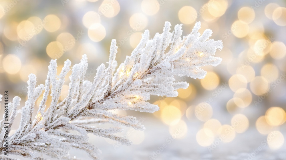 Poster a frosted pine branch sparkles with warm twinkling lights, creating a cozy atmosphere in the snowy w