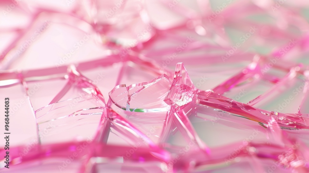 Poster delicate shards of broken pink glass are strewn across a smooth surface, glinting in the light and c