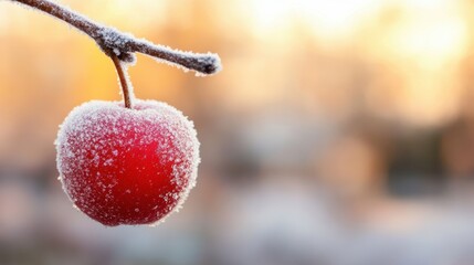 A single red apple, covered in frost, dangles from a tree branch, illuminated by soft winter sunlight in a tranquil outdoor setting
