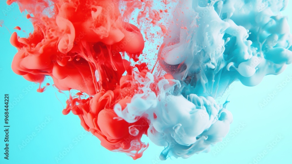 Poster red and blue ink clouds swirl together underwater, forming vibrant patterns and colorful textures th