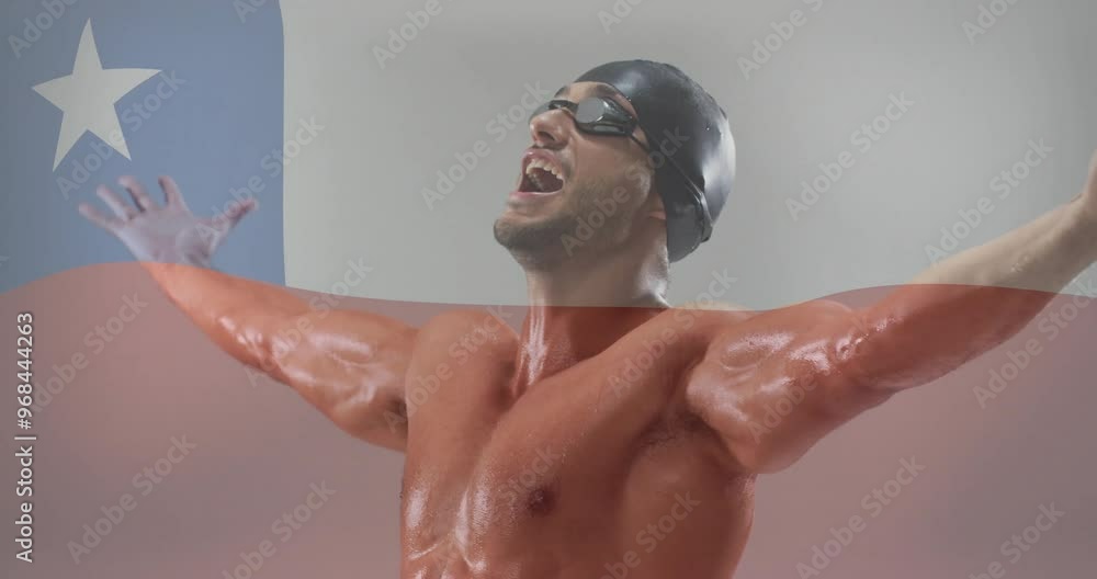 Sticker Animation of flag of chile over biracial male swimmer