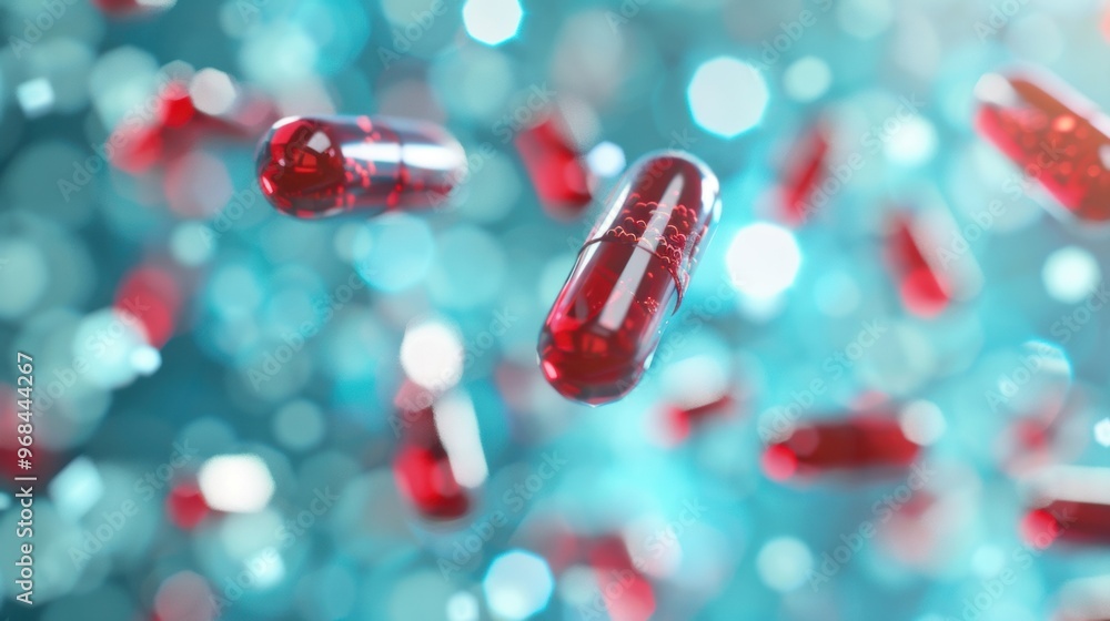 Poster red capsules gracefully hover in mid-air, illuminated by a shimmering backdrop, adding a dynamic tou