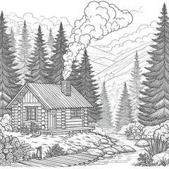 Fototapeta premium misty morning in a pine forest with a small wooden cabin and smoke coloring page 