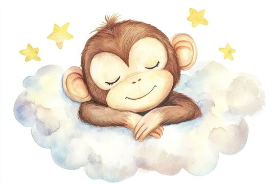 A charming watercolor illustration of a cute little monkey sleeping peacefully on a fluffy cloud with stars twinkling in the background, symbolizing dreams, innocence, tranquility, and the wonder of c