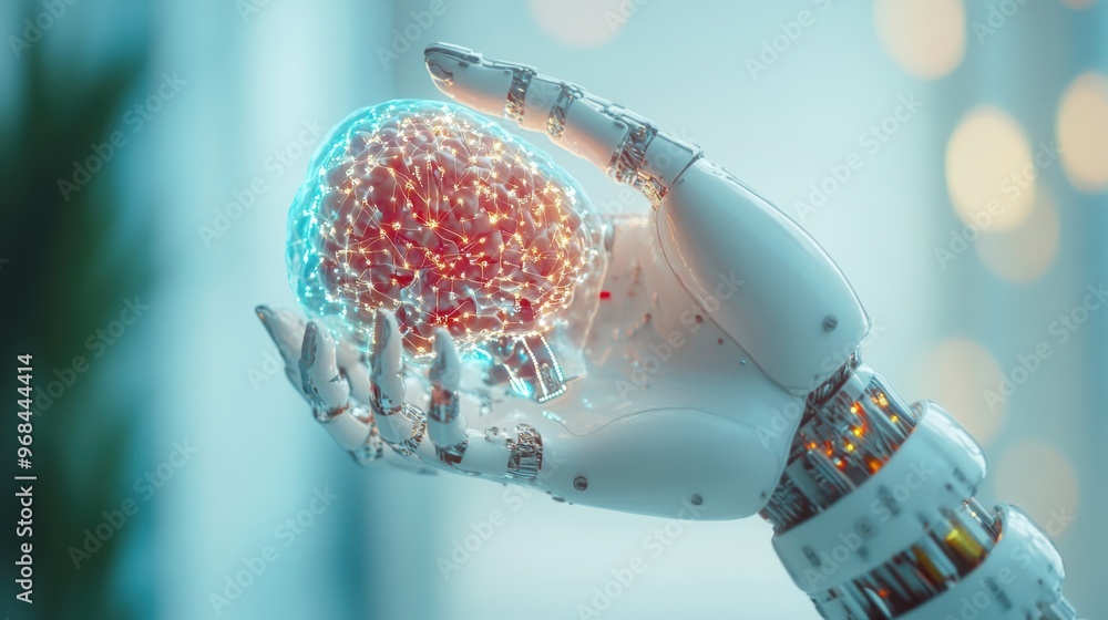 Aufkleber a robotic hand is gently grasping a luminous digital brain, showcasing the integration of artificial