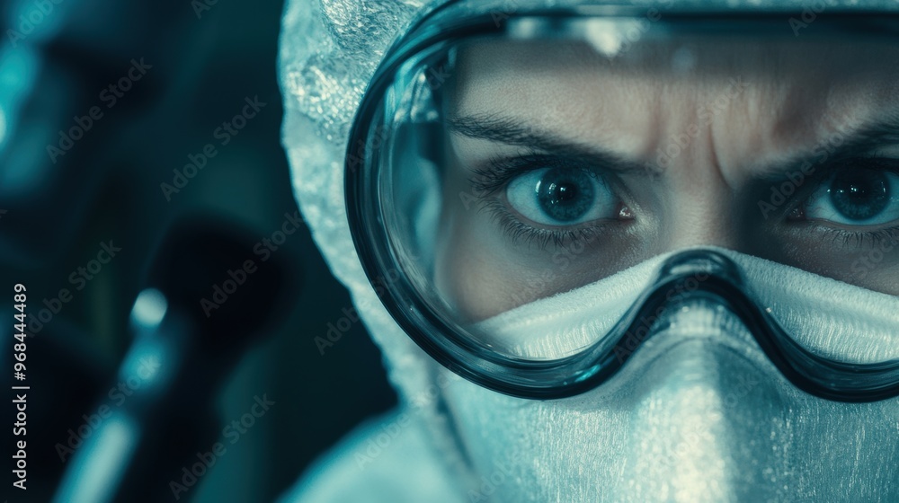 Poster a scientist focused on virus research examines samples under a microscope while wearing protective c