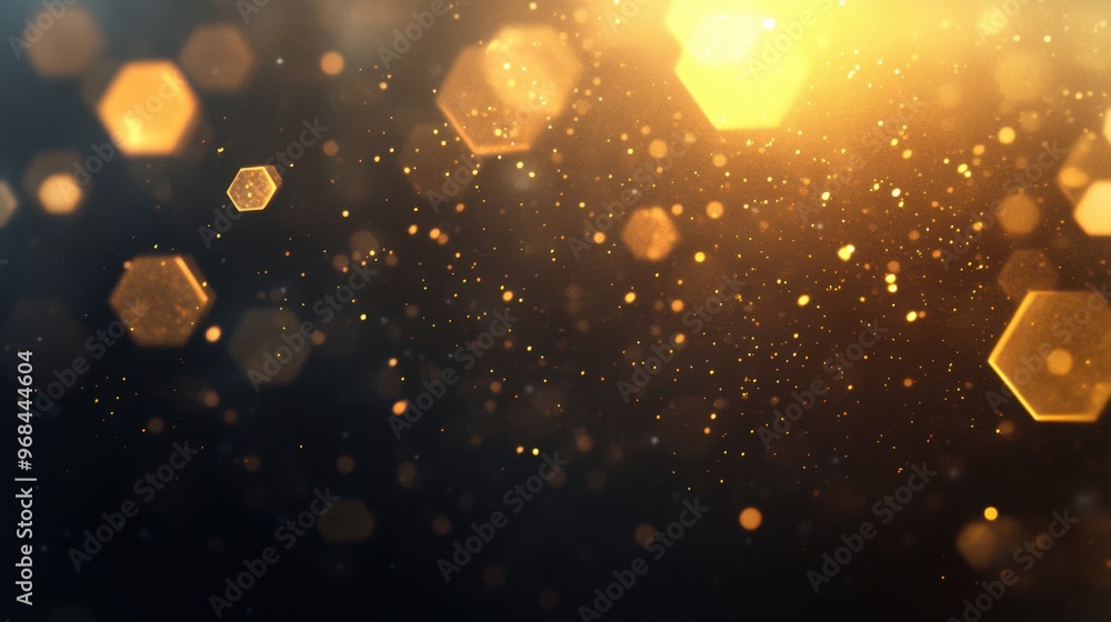 Poster soft golden hexagon bokeh lights sparkle and dance against a dark background, adding warmth and eleg