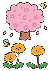 満開の桜とタンポポ