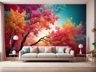 Elegant colorful tree with vibrant leaves hanging branches illustration background.