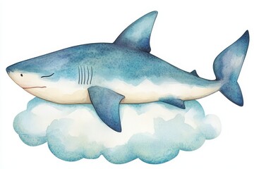 Obraz premium A charming watercolor illustration of a cute, little shark sleeping peacefully on a fluffy cloud. This image symbolizes tranquility, childhood dreams, and the beauty of the underwater world.