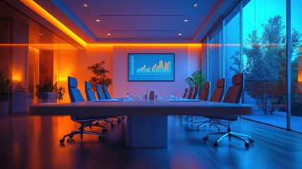 A dynamic shot of long empty boardroom with modern design, featuring large table, ergonomic chairs, and vibrant lighting. atmosphere is professional and inviting..