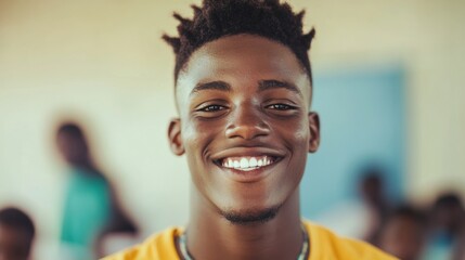A cheerful teenager smiles brightly while participating in an interactive classroom session with peers around him