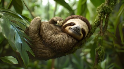 Obraz premium A sleepy sloth hanging from a branch surrounded by vibrant rainforest greenery