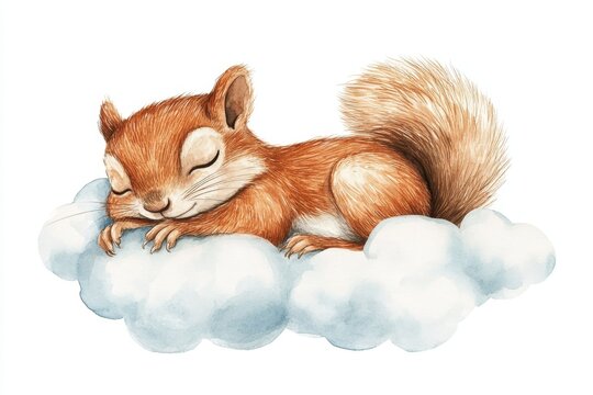A charming watercolor illustration of a cute little squirrel sleeping peacefully on a fluffy white cloud. The squirrel's eyes are closed, and its tail is curled up behind it. The cloud is soft and inv