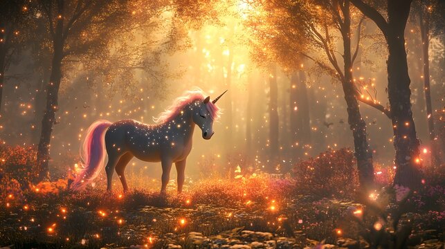 A whimsical unicorn standing in a magical forest with glowing trees