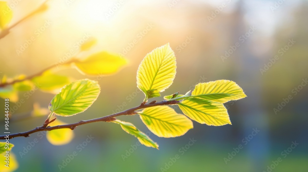 Poster fresh green leaves shimmer in sunlight, creating a serene atmosphere with soft bokeh in the backgrou