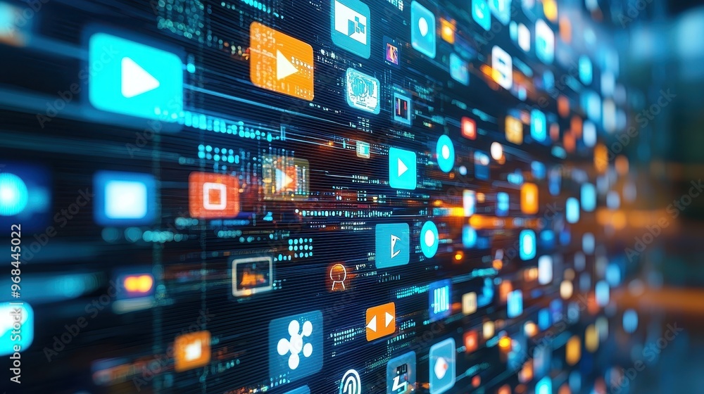 Aufkleber digital interface with play buttons and social media icons