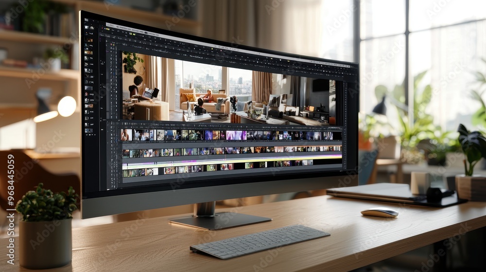 Poster modern workspace with curved monitor and video editing software