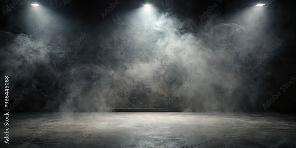 Wall mural Dark and atmospheric studio with spot lighting, concrete floor, and smoke