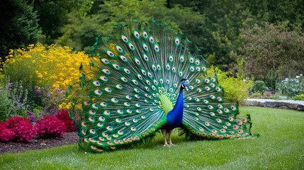 Obraz premium A beautiful peacock displaying its vibrant feathers in a garden