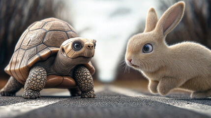 close-up of tortoise and hare ready to race. Fast and lazy slow and steady concept.