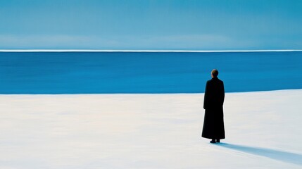 A lone person in a black coat surveys a tranquil snowy expanse, with a brilliant blue sky overhead and distant water meeting the horizon