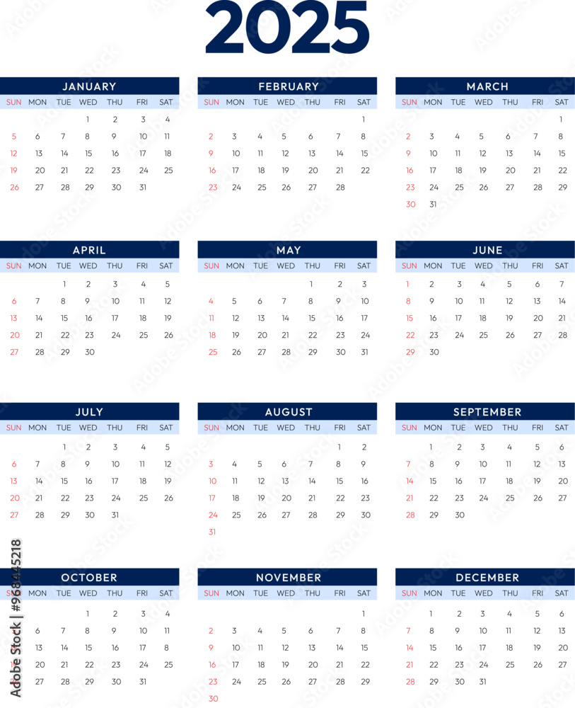 Poster blue minimalist calendar design with dates and all months, vector background