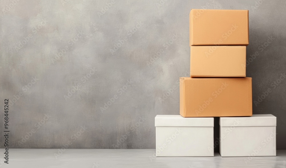 Poster a collection of stacked cardboard boxes and white containers is positioned against a smooth gray bac