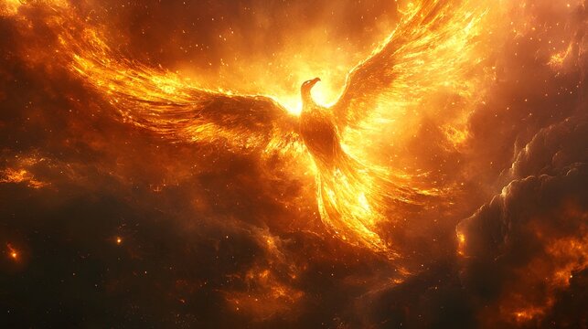 A magical phoenix rising from the ashes in a fiery display