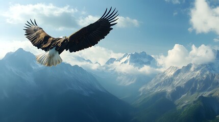 A majestic bald eagle soaring through the sky with mountains below